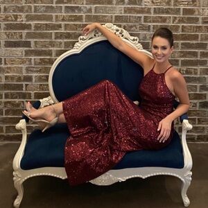 David's Bridal Burgundy Sequin Dress